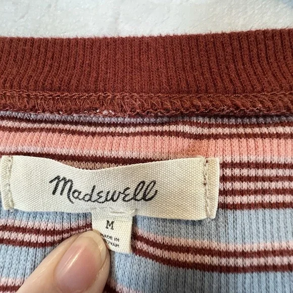 Madewell Womens Shirt Fine Ribbed Henley Tee Striped Vneck Preppy Size Medium - Picture 3 of 8